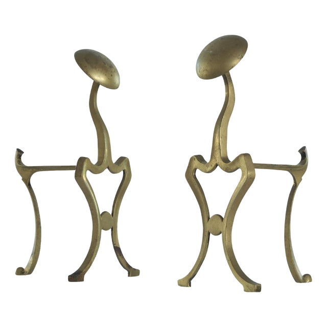 Art Nouveau Andirons in Patinated Brass, 1960s, Set of 2 For Sale