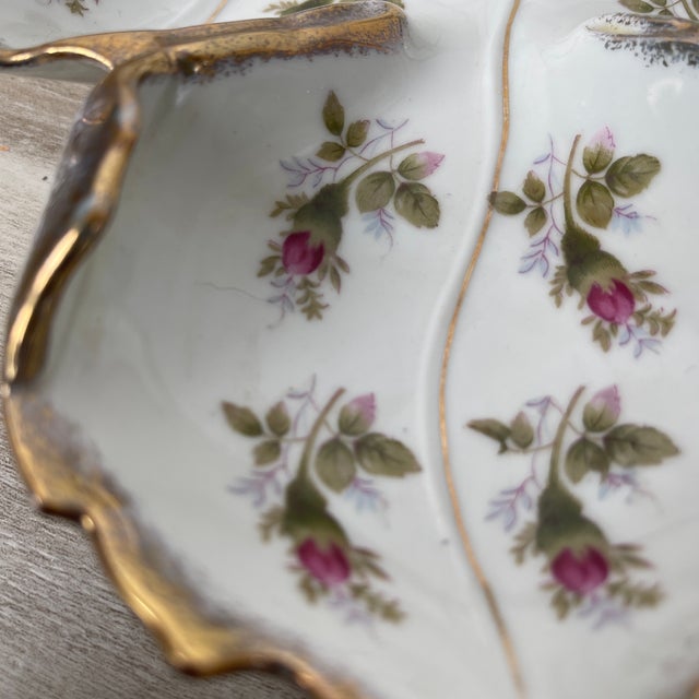 Ornamental & Decorative Materials 1950s Napco Japan Moss Rose Porcelain Divided Leaf Dish Gold Gilt For Sale - Image 7 of 7