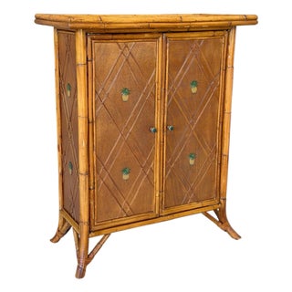 Vintage Coastal Faux Bamboo Cabinet by Palecek With Pineapple Motif Doors For Sale