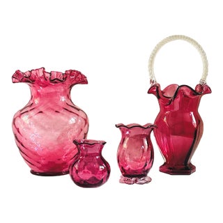 Vintage Collection of Cranberry Glass Vases- Set of 4 For Sale