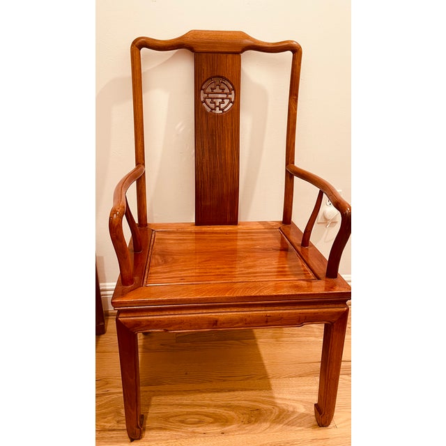 Gorgeous Pair of 1960s Chinese Teak Wood Horseback Armchairs For Sale - Image 10 of 10