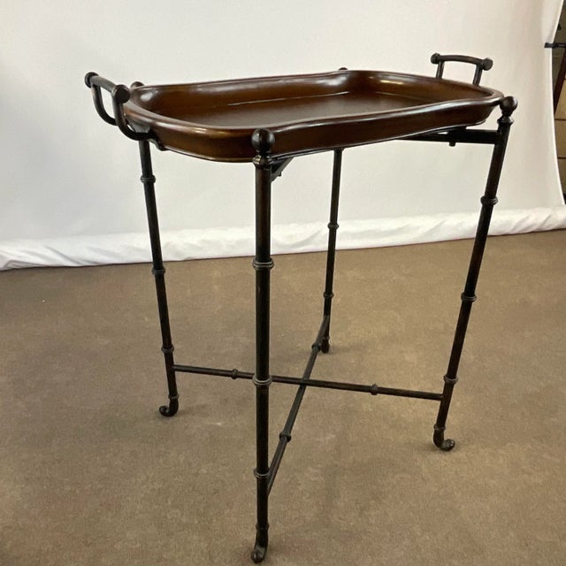 Vintage 1970s Chinoiserie Faux Bamboo Wrought Iron and Walnut Tray Table For Sale - Image 6 of 11