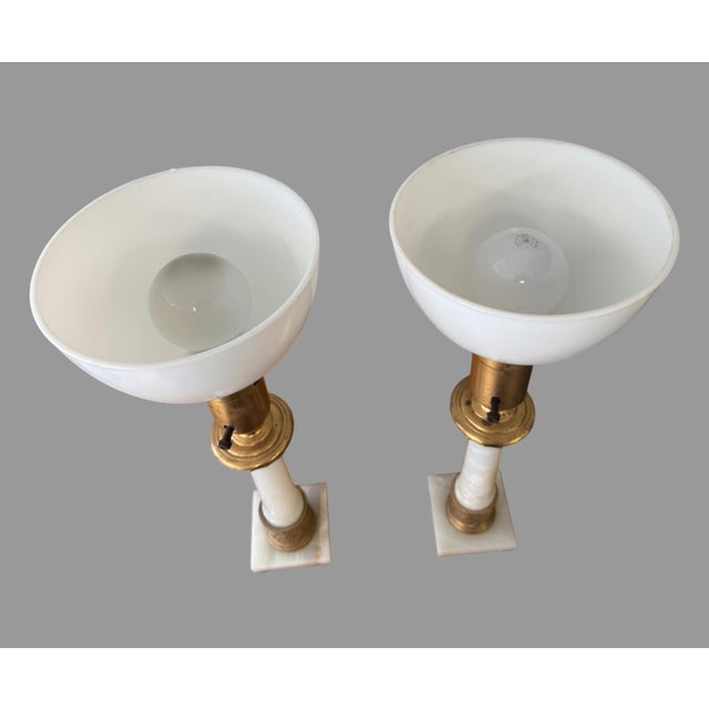 Pair Vintage Alabaster & Bronze Table Lamps Neoclassical Marble Column Matching Add timeless elegance to your home with...
