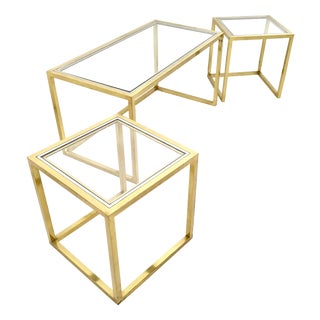 Postmodern Nesting Tables in Brass, Glass and Steel, 1970s, Set of 3 For Sale