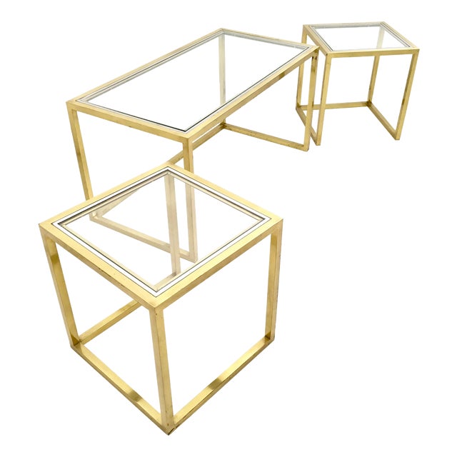 Postmodern Nesting Tables in Brass, Glass and Steel, 1970s, Set of 3 For Sale