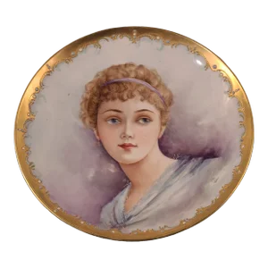 Antique French Limoges Painted & Gilt Portrait Plate of a Young Woman