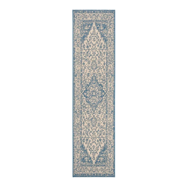 Marina Indoor Outdoor Rug Cream & Blue 2'x8' For Sale
