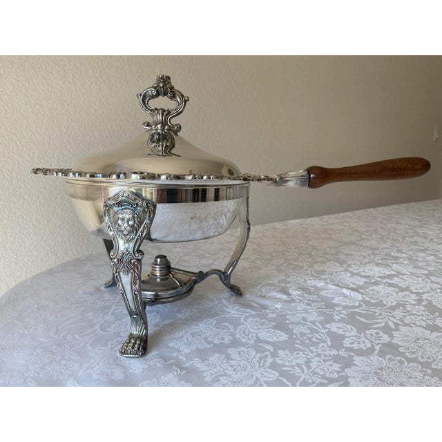 Mid 20th Century Ornate Silver Plated Chafing Dish Food Warmer with Burner, Stand, Chafing Dish & Lid, and Removable...