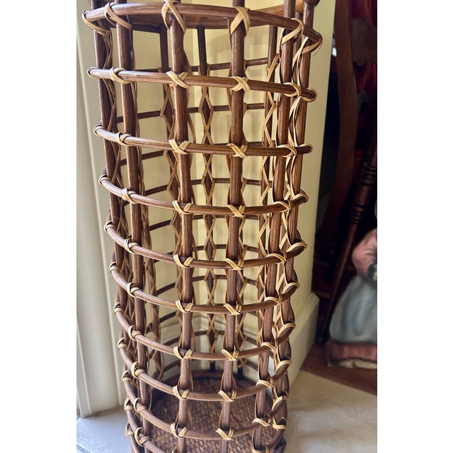 Mid-Century Modern Vintage, Cylindrical, Woven, Bamboo, Rattan and Wicker, Umbrella Stand, in the Style of Audoux and Minet, 1950’s For Sale - Image 3 of 8