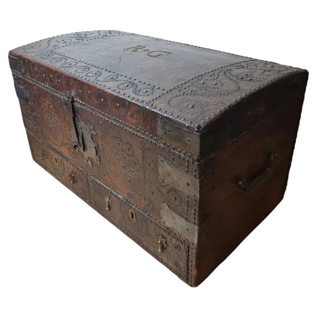 17th Century William and Mary Brass Studded Leather Chest For Sale