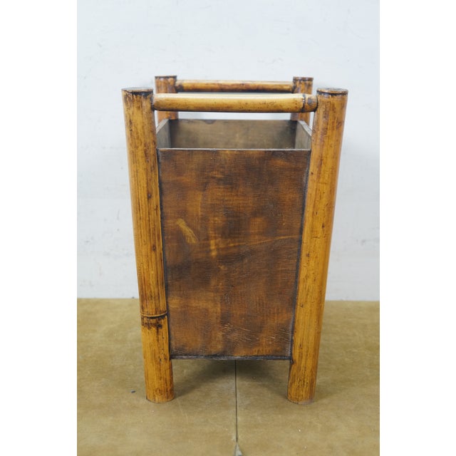 Late 20th Century Boho Chic Bamboo Wicker Rattan Magazine Rack Trash Waste Bin 15" For Sale - Image 4 of 13