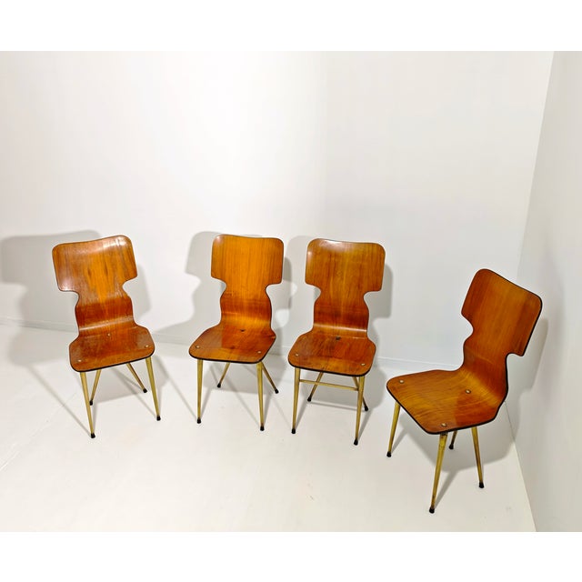Mid-Century Modern Curved Wooden Chairs with Brass Legs, 1970, Set of 4 For Sale - Image 3 of 18