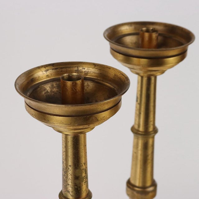 Antique Candleholders with Square Base and Circular Feet in Gilded Bronze, Set of 2 For Sale - Image 3 of 10