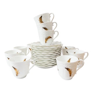 Giraud Limoges Coffee Set with Hand-Painted Gold Leaves, 1950s, Set of 22 For Sale