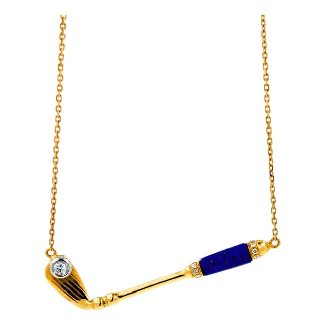 Diamond Blue Lapis Lazuli Golf Club Birdie Jewelry 18 Karat Yellow Gold Charm Pendant Necklace For Sale