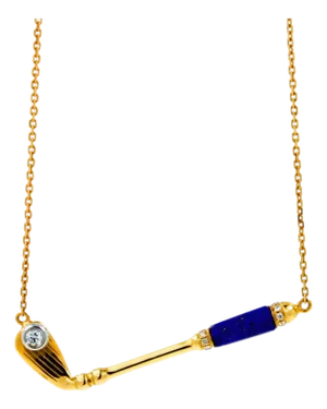 Diamond Blue Lapis Lazuli Golf Club Birdie Jewelry 18 Karat Yellow Gold Charm Pendant Necklace