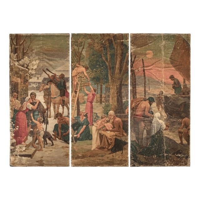 After Pierre Puvis de Chavannes, The Evolution of Man, 1890s, Oil Painting on Canvas, Set of 3 For Sale