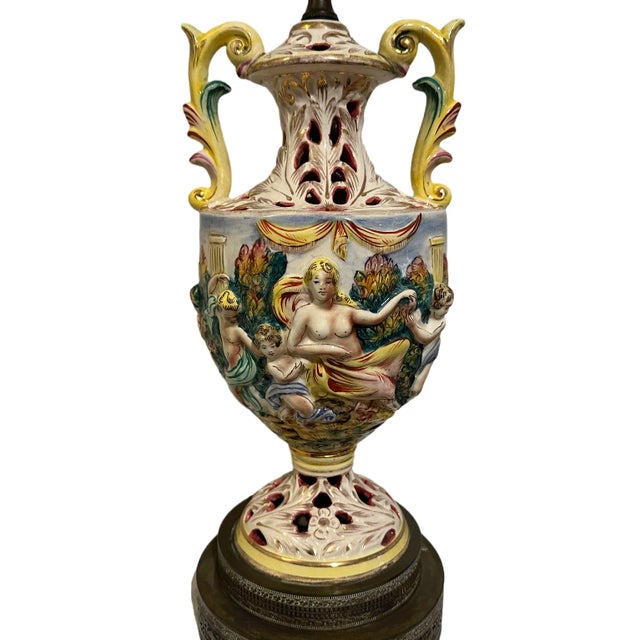 Vintage Italian Reticulated Capodimonte Handled Urn Lamp w/Nudes Gorgeous vintage mid century hand painted Italian...