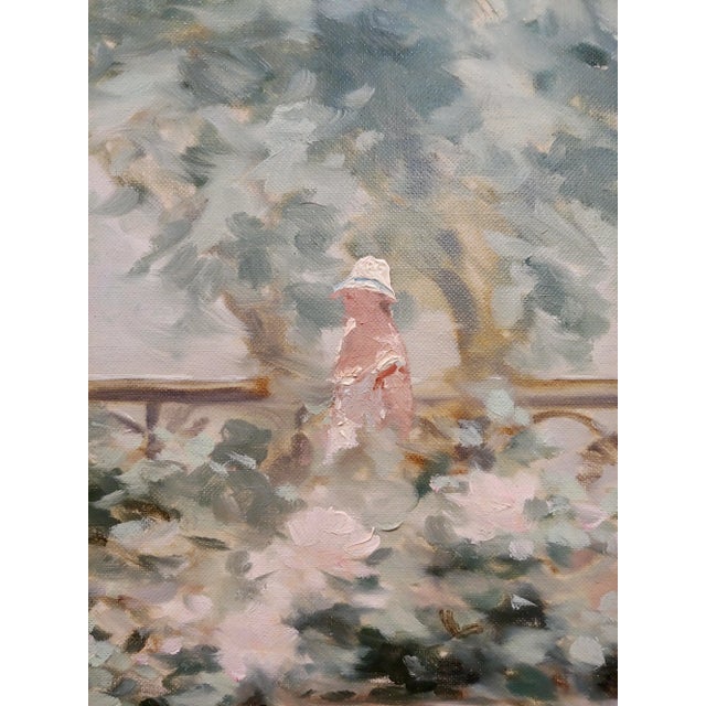 1950s Andre Gisson -Young Woman Near the Fountain at the Park-Oil Painting For Sale - Image 5 of 11