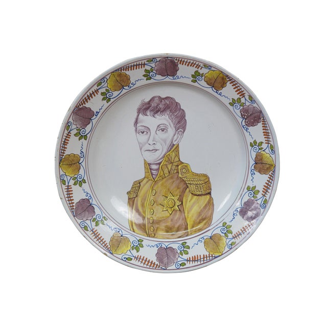 Classical Roman Antique Dutch Delft Manganese Polychrome King Queen of Netherlands Chargers - a Pair For Sale - Image 3 of 15