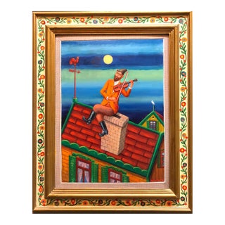 Maurice KishFiddler on the Roof Modern Judaica Shtetl Oil Painting WPA Jewish artist, 1955 For Sale