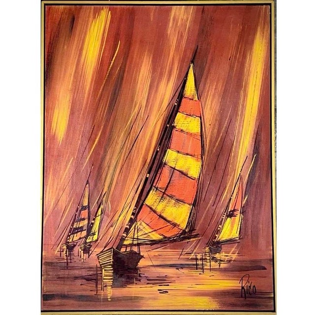 1970s Vintage Mid Century Modern Fiery Orange Abstract Sunset Sailboats Nautical Oil Painting Framed For Sale - Image 15 of 15