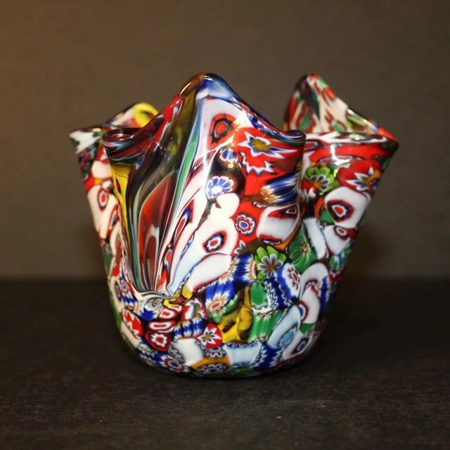 Stunning Murano hand-blown glass handkerchief vase from Venice, Italy, featuring vibrant millefiori (thousand flowers)...