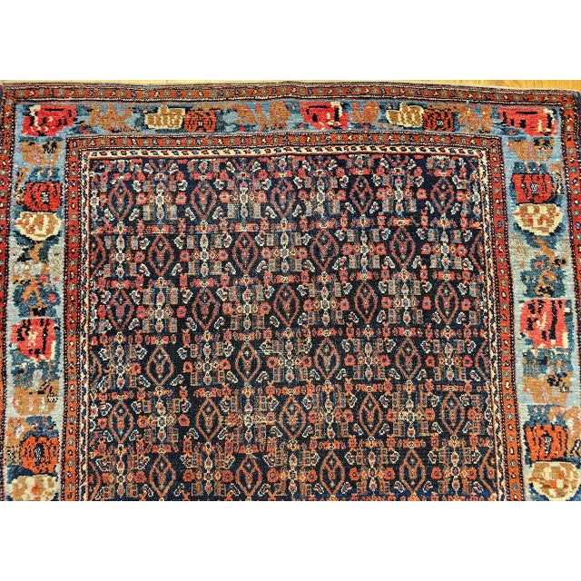 Antique Persian Senneh Area Rug, Hand-Knotted Wool, Herati Pattern & Gol Farang Border, Navy & Light Blue, 4x5 For Sale - Image 12 of 18