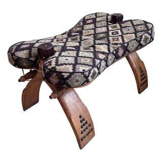 Vintage Moroccan Camel Saddle Footstool With New Southwest Upholstery For Sale