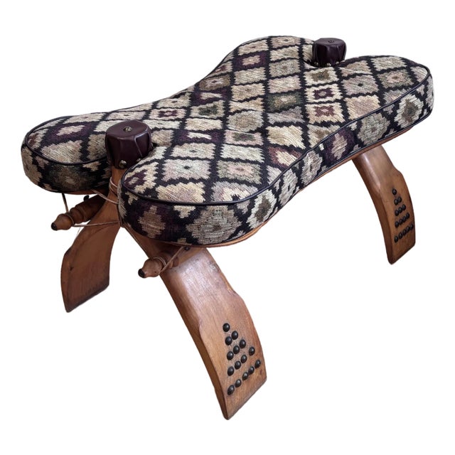 Vintage Moroccan Camel Saddle Footstool With New Southwest Upholstery For Sale