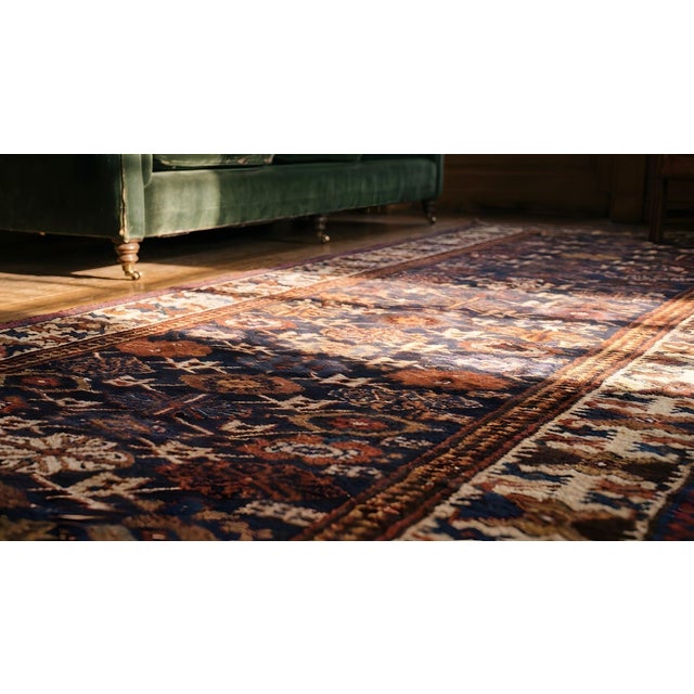 Navy Blue 1880s Blue Navy Geometric Tribal Antique Nw Persian Rug 3'4" X 14'2" Knotted Wool Carpet For Sale - Image 8 of 9