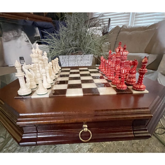 Tuscan Italfama Italian Alabaster Octagonal Chess Board With Drawer & 4.25" Wellington Special Edition Pieces (Includes Original 2017 Receipts & Coa) For Sale - Image 3 of 17