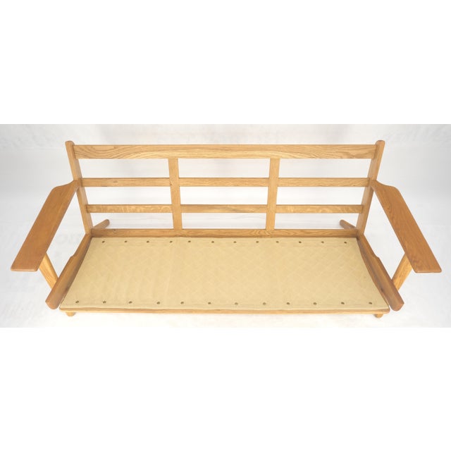 Solid Oak Frame Brown Upholstery MCM Style 3 Seat Sofa Clean! For Sale - Image 4 of 16