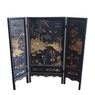 Late 19th C. Ming Carved Ebonized and Giltwood Trifold Table Screen For Sale