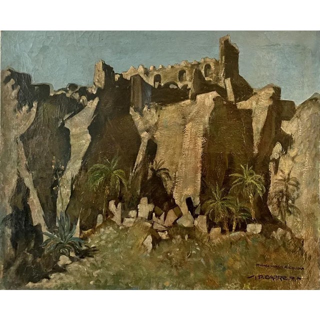 Oil on canvas, ruins at the top of a cliff, cliff bordered by vegetation, a signature lower right Carrera and an...