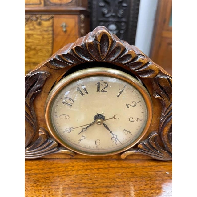 Wood Antique 1930's Bedroom Rounded Nightsand, Inlayed Analog Clock, Hand Carved Walnut, Large Cabinet For Sale - Image 7 of 11