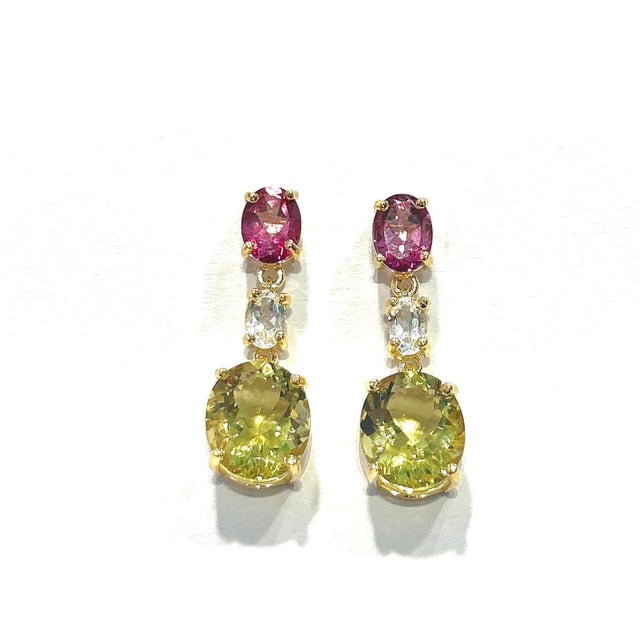 Bochic "Orient" Vintage Lemon Quartz & Rhodorite Earrings Set 18K Gold & Silver For Sale - Image 4 of 18