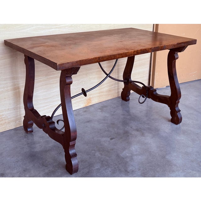 Baroque 20th Dining or Console Table of Walnut with Lyre Legs and Heavy Top, Spain For Sale - Image 3 of 18
