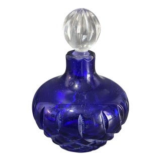 Vintage Bohemian Cobalt Blue Cut Crystal Perfume Bottle For Sale