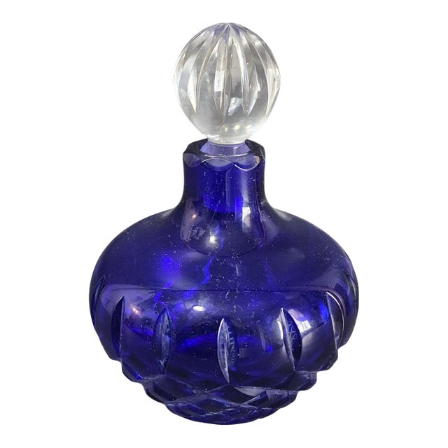 Vintage Bohemian Cobalt Blue Cut Crystal Perfume Bottle For Sale