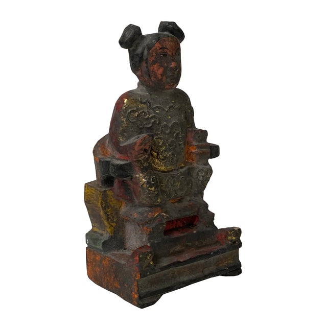 This is a wooden display figure which was displayed in the Chinese family as a guardian or worship piece. It has detail...