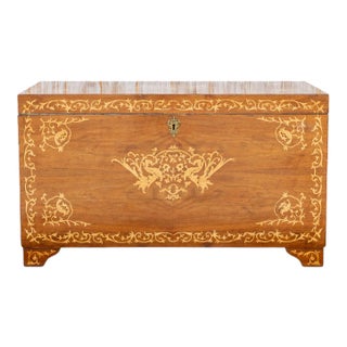 1950s Large Walnut Marquetry Inlay Chest For Sale