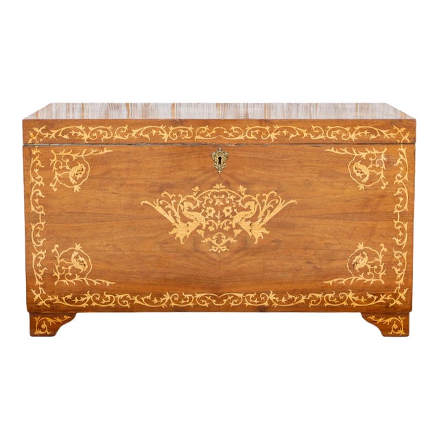 1950s Large Walnut Marquetry Inlay Chest For Sale