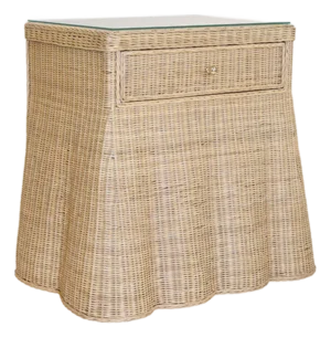 Matthew Izzo Home Giselle Flared and Scallope Rattan One Drawer Side Table With Glass Top and Brass Knob