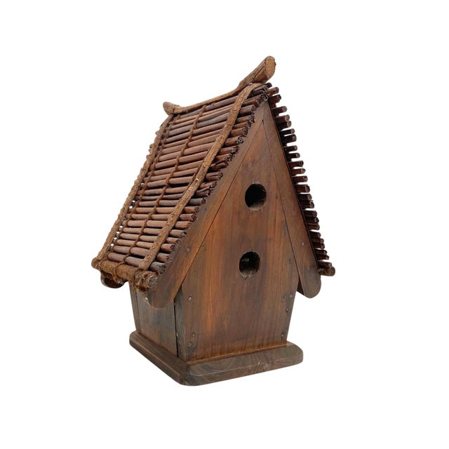 Large Rustic Wooden Birdhouse – Natural Twig Roof Garden Decor For Sale - Image 4 of 6
