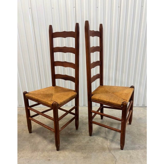 Vintage 20th Century Tall Ladder Back Rope Seat Armless Side Dining Chairs, a Pair For Sale - Image 9 of 9