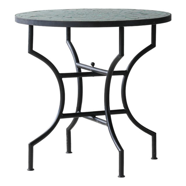 Matthew Izzo Home 32" Round Tamegroute Green Moroccan Zellige Tile Bistro Table With Iron X Base For Sale