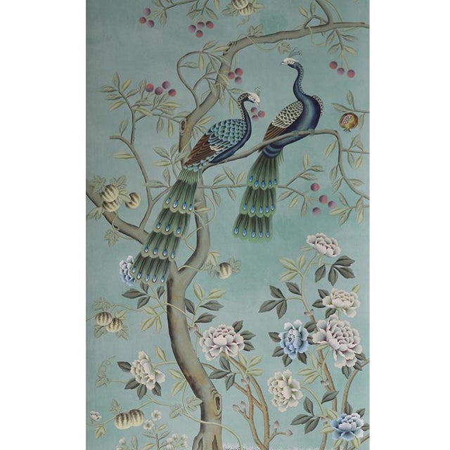 Not Yet Made - Made To Order Hand Painted Soft Mint Chinoiserie Peacock Pomegranate Floral Mural 2-Panel Set For Sale - Image 5 of 6
