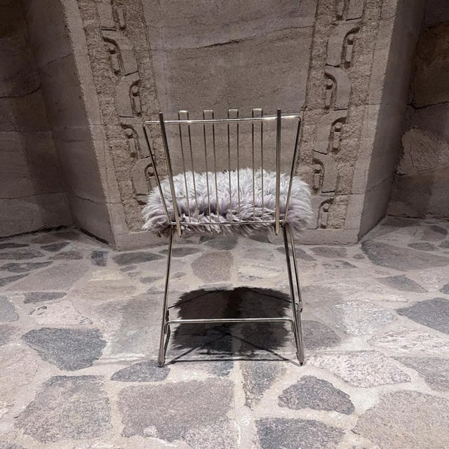 Folding Brass Side Chair Furry Gray Faux Lambskin For Sale In San Diego - Image 6 of 12