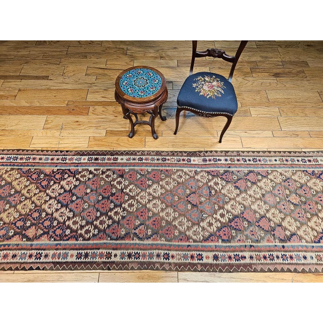 Textile Antique Persian Varamin Kilim Runner, Handwoven Wool, Caucasian Geometric Pattern, 3x15 For Sale - Image 7 of 16